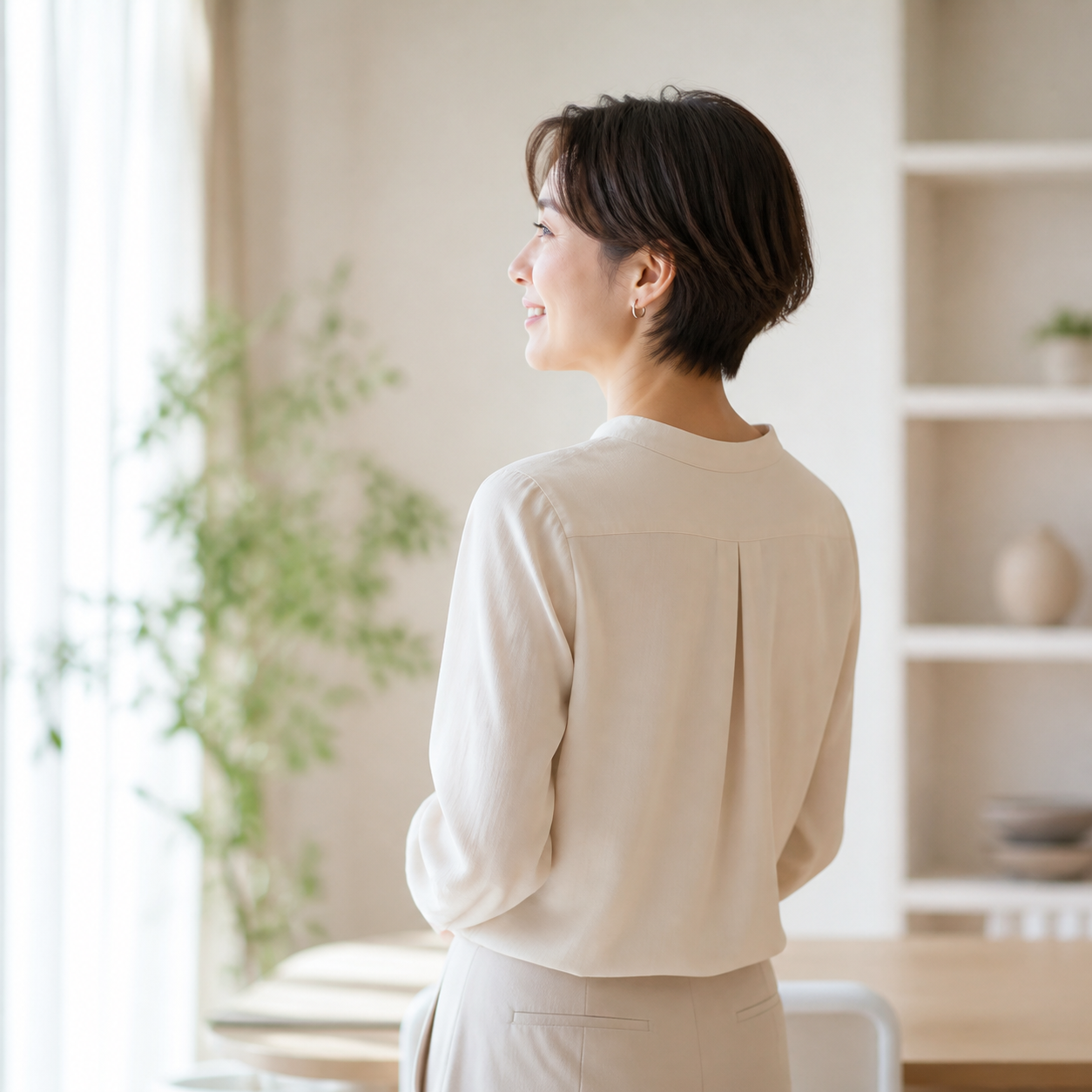 明るい室内で穏やかに微笑む女性